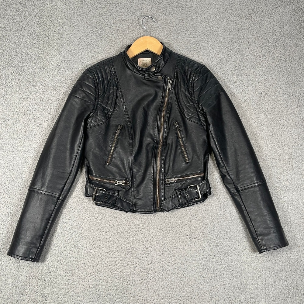 We The Free People Vegan Leather Moto Jacket Womens XS Black Cafe Racer